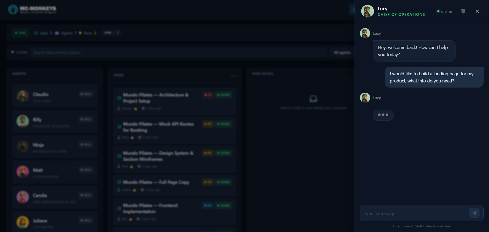 Chat with Lucy — the mission coordinator interface