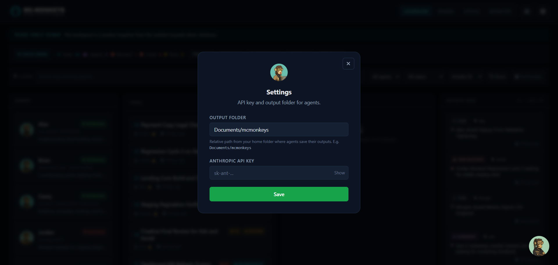 MC-MONKEYS settings — local-first configuration with your own API key